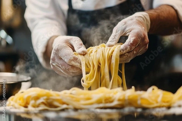 Fototapeta Close up of hands of professional chef preparing pasta while working in kitchen