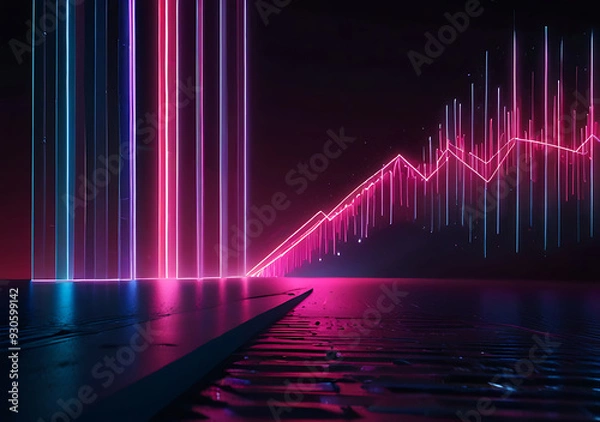 Fototapeta abstract minimal neon background, pink blue neon lines going up, glowing in ultraviolet spectrum. Cyber space. Laser show. Futuristic wallpaper.