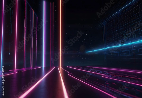 Fototapeta abstract minimal neon background, pink blue neon lines going up, glowing in ultraviolet spectrum. Cyber space. Laser show. Futuristic wallpaper.