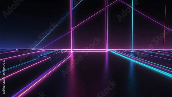 Fototapeta abstract minimal neon background, pink blue neon lines going up, glowing in ultraviolet spectrum. Cyber space. Laser show. Futuristic wallpaper.