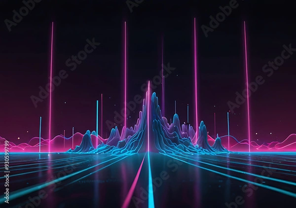 Fototapeta abstract minimal neon background, pink blue neon lines going up, glowing in ultraviolet spectrum. Cyber space. Laser show. Futuristic wallpaper.