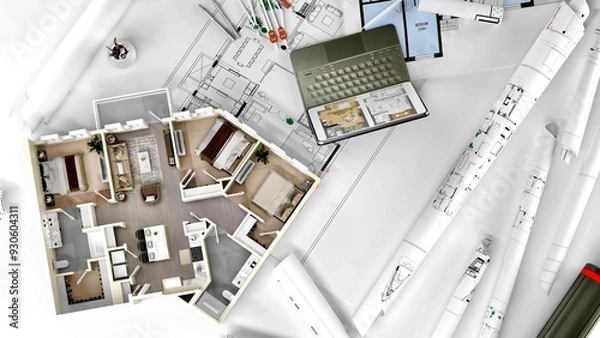 Fototapeta 3D rendering of a apartment architectural model with blueprints, elevation , drawing , floor plan ,interior design plan other documents