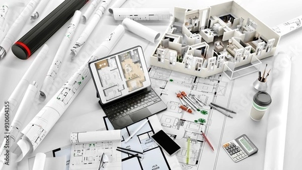 Fototapeta 3D rendering of a apartment architectural model with blueprints, elevation , drawing , floor plan ,interior design plan other documents