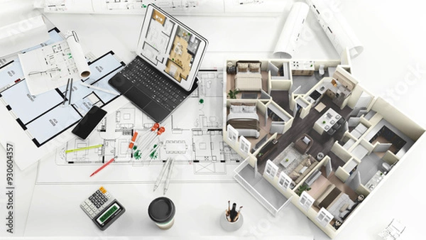 Fototapeta 3D rendering of a apartment architectural model with blueprints, elevation , drawing , floor plan ,interior design plan other documents