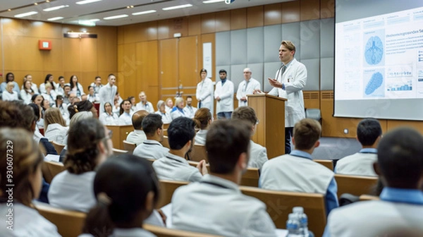 Obraz A large, modern conference room filled with healthcare professionals attending a seminar. The focus is on a presenter explaining a complex medical topic.