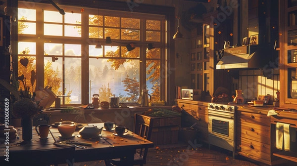 Fototapeta A serene morning scene of a person enjoying a cup of coffee or tea in a cozy kitchen. The setting includes warm lighting, a breakfast spread, and a view of the sunrise through a large window