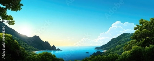 Fototapeta A serene coastal landscape with lush greenery, mountains, and a tranquil sea under a bright sky, perfect for relaxation or inspiration.