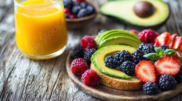 Fototapeta Clean and appetizing photograph of a healthy breakfast spread with avocado toast, mixed berries, and a glass of freshly squeezed orange juice. 