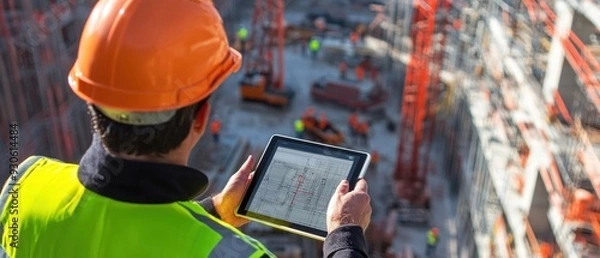 Fototapeta Japanese engineer using a tablet to monitor construction progress with a site full of equipment and workers highlighting modern technology integration and project oversight