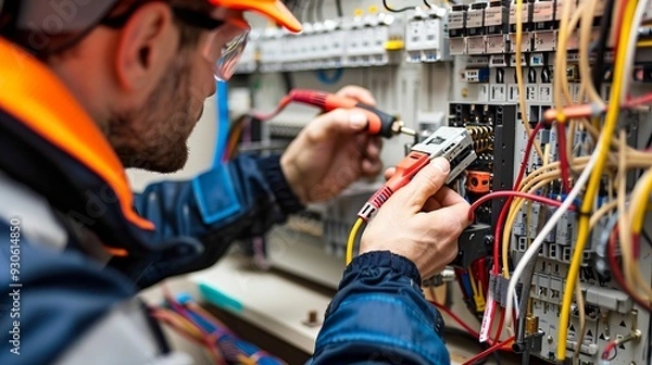 Fototapeta Professional electrician working at renovating home