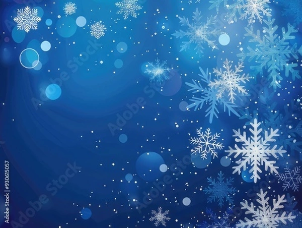 Fototapeta New Year blue abstract glitter background with white snowflakes and copy space. Christmas background