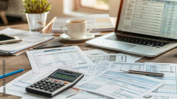 Obraz A detailed view of a desk with tax forms, a calculator, and a laptop displaying tax preparation software.