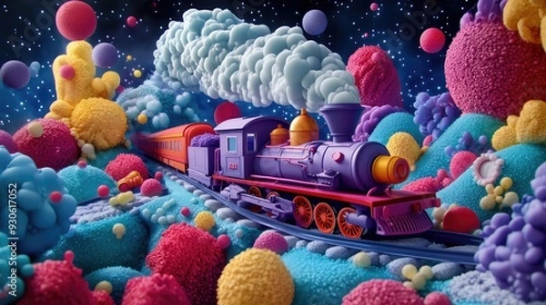 Fototapeta Whimsical 3D render of a toy train journeying through a magical world