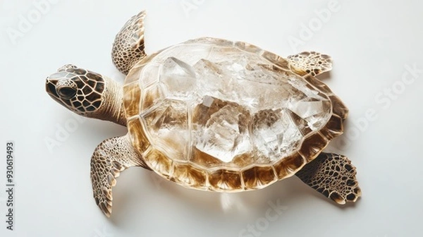 Fototapeta A turtle with a translucent crystal shell, centered on a white background, showcasing the intricate details of the crystal structure.