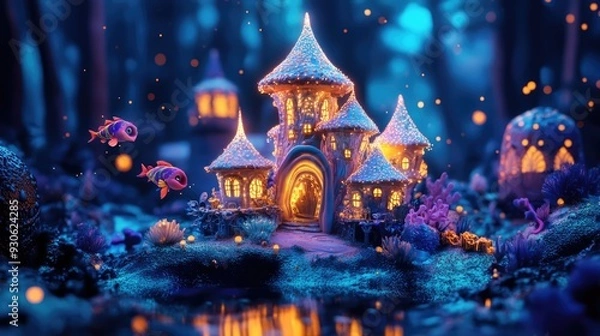 Fototapeta Whimsical 3D render of an underwater world with glowing sea creatures