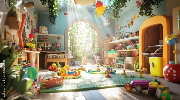 Fototapeta Whimsical 3D render of a magical toy workshop with animated toys