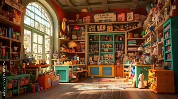 Fototapeta Whimsical 3D render of a magical toy workshop with animated toys
