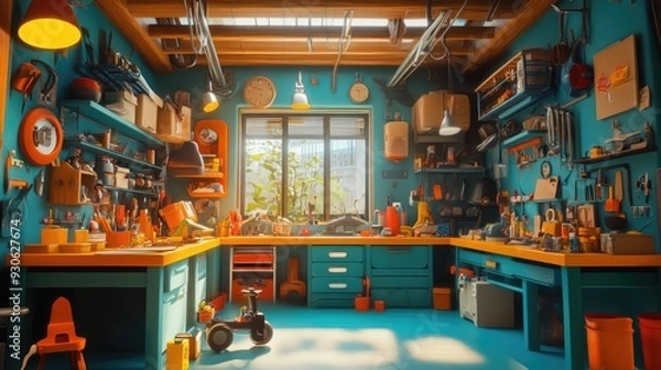 Fototapeta Whimsical 3D render of a magical toy workshop with animated toys