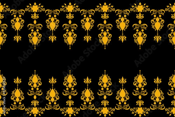 Fototapeta Elegant Ornamental Damask Pattern with Floral Motifs in Beige on Blue Background, Intricate Symmetrical Design Ideal for Wallpaper, Textile, and Surface Decoration, Reflecting Classic Vintage Style