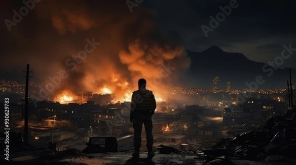 Fototapeta Man contemplatively gazes at the devastated cityscape during the night, observed from the rear