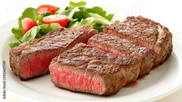 Obraz Juicy ribeye steak garnished with vibrant herbs and accompanied by fresh tomatoes, served elegantly to highlight its rich textures and flavors