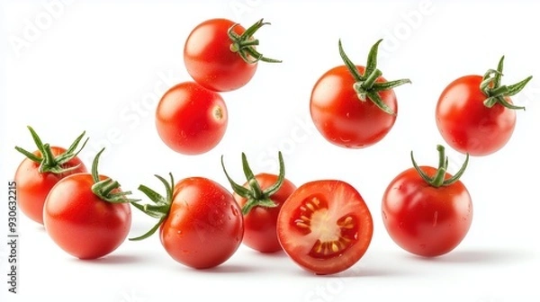 Obraz Tomatoes flying in mid-air on a white background 