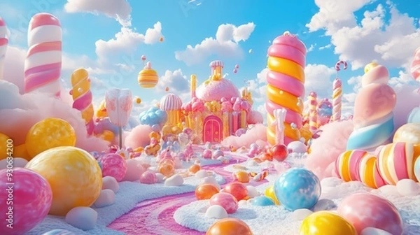 Fototapeta Whimsical 3D render of a magical candy land