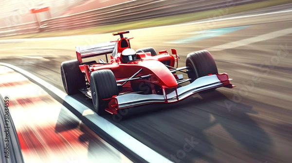 Fototapeta A red race car is speeding down a track. The car is in motion and it is going fast