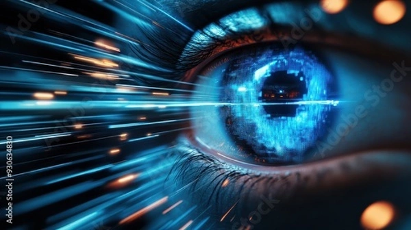 Fototapeta Blur is a concept that represents the future of technology in the field of cyber security with a background of blue eye and an abstract representation of high speed digital internet It show