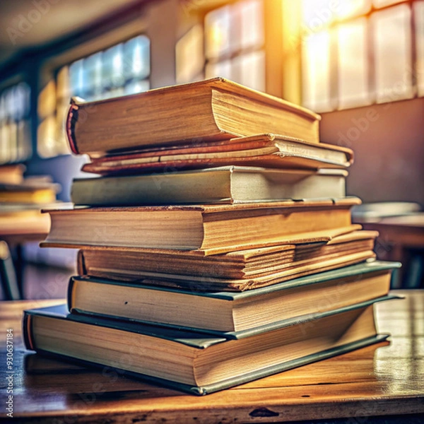 Fototapeta Stack of Vintage Hardcover Books in a Sunlit Classroom - Warm, Cozy Academic Setting with Golden Hour Lighting