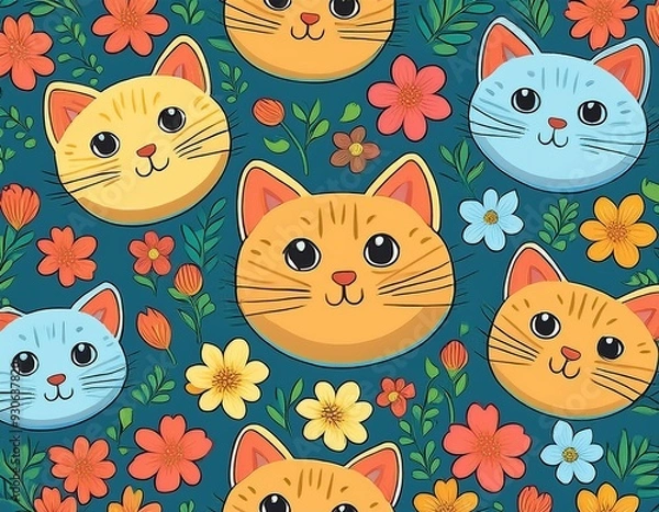 Fototapeta Seamless cartoon pattern of cat and flowers in bright colors for children.