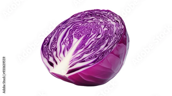 Fototapeta Half of a red cabbage showing its intricate purple and white layers, isolated on a transparent background.