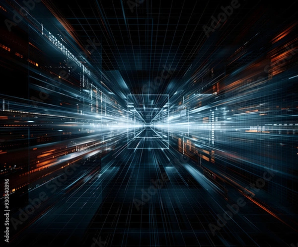 Fototapeta Abstract digital tunnel. Futuristic background with glowing lines and grids in perspective. Sci-fi concept of virtual environment suitable for technology, innovation or computer science themes.