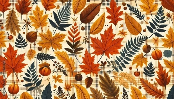Fototapeta Autumn foliage seamless pattern vector illustration, plaid seamless autumn pattern