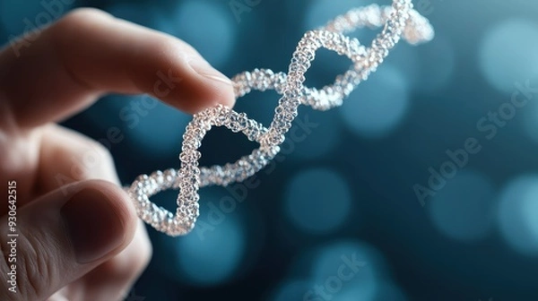 Fototapeta A close-up image of a hand holding a transparent DNA model, illuminated by blue lights, symbolizing genetics, science, and human biological research.