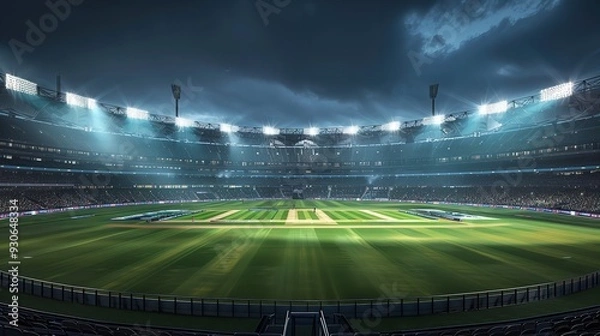 Fototapeta Aerial view of realistic oval sports stadium with floodlights and cricket pitch in urban setting