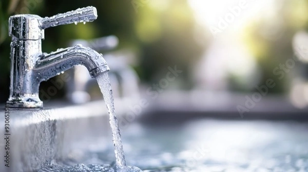 Fototapeta A bright outdoor faucet with water visibly flowing amidst a natural setting, highlighting the essential and refreshing nature of water in a soothing and environmentally friendly context.