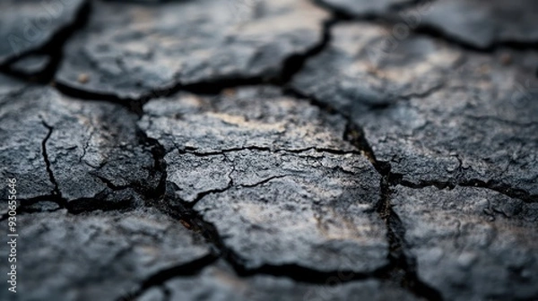 Fototapeta A close-up image of cracked and dry ground, showcasing deep fissures and dark tones, representing drought, arid conditions, and the harshness of nature.