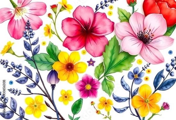 Fototapeta Colorful various floral pattern with yellow and pink flowers, leaves, and other botanical elements on a white background