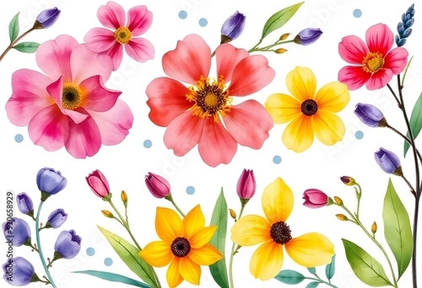 Fototapeta Colorful various floral pattern with yellow and pink flowers, leaves, and other botanical elements on a white background