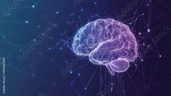 Fototapeta AI brain made of glowing lines and dots, showcasing futuristic technology. Human brain activity with plexus lines, illustrating external cerebral connections. Ideal for AI, psychology concepts
