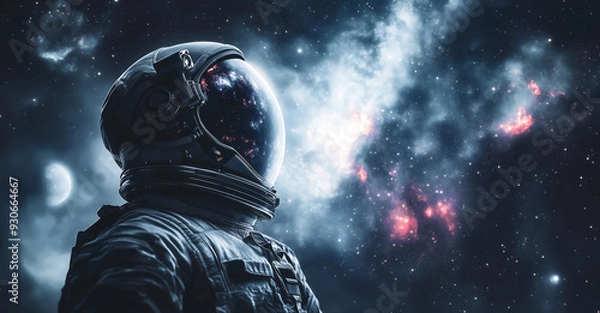 Obraz A solitary astronaut, helmet reflecting a cosmic panorama, floats weightlessly in the inky blackness of space, surrounded by a mesmerizing tapestry of stars and nebulae.