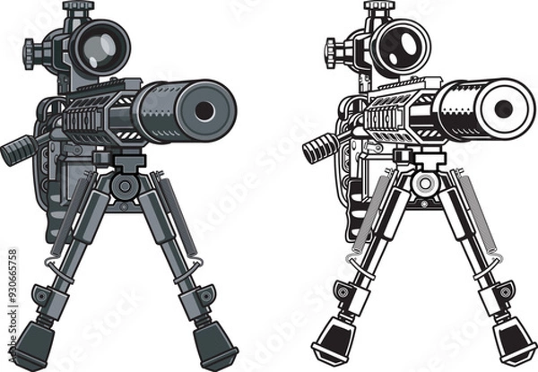 Fototapeta Vector illustration of a sniper rifle with scope and silencer