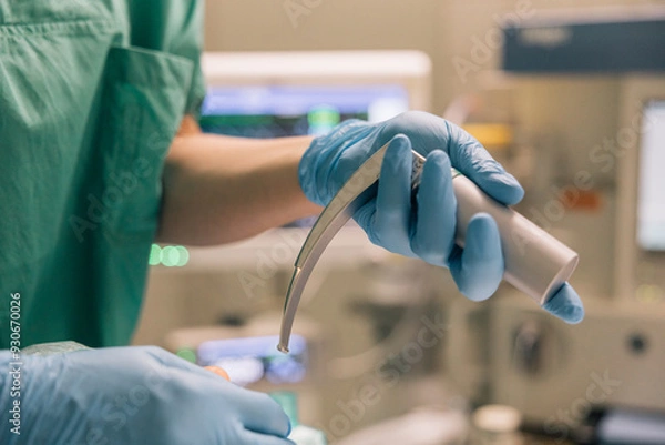 Fototapeta Close up of a medical professional’s gloved hands holding a tool to perform an endotracheal intubation