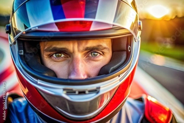 Fototapeta A man wearing a helmet with a red and white design