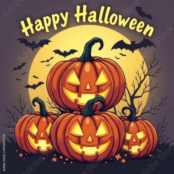Obraz Happy Halloween with glowing jack-o'-lanterns and bats against a full moon backdrop