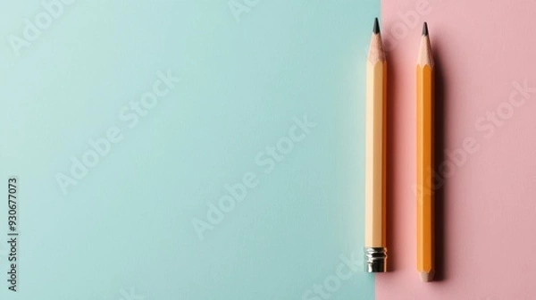 Obraz Two differently colored pencils rest on a pastel split background, creating a minimalist and aesthetically pleasing scene that emphasizes simplicity and contrast.