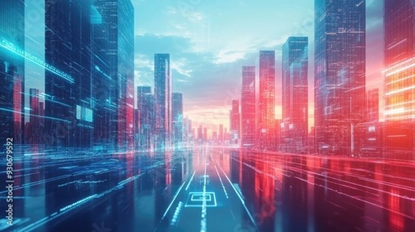 Fototapeta Futuristic Digital Cityscape with Skyscrapers and Neon Lights at Dusk