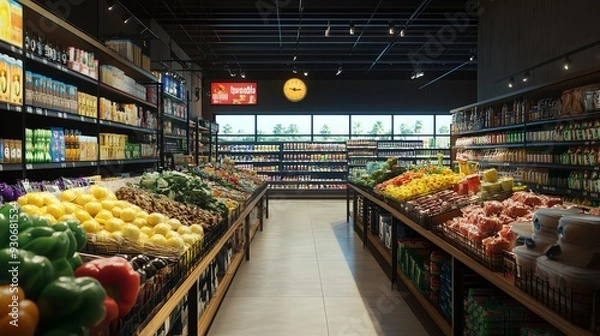 Fototapeta A well-stocked grocery store aisle with fresh produce, canned goods, and other grocery staples.
