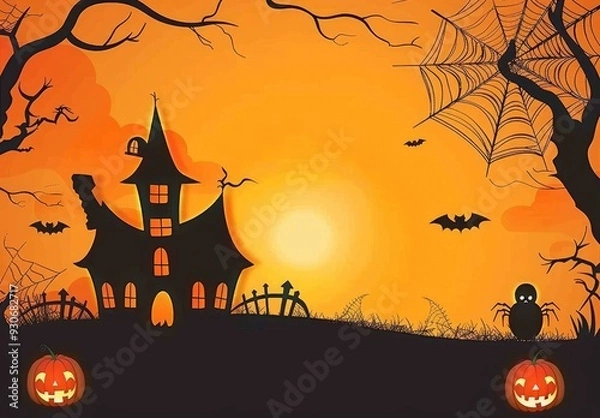 Fototapeta Haunted House Halloween Scene: Spider Web and Pumpkins on a Bright Orange Sky